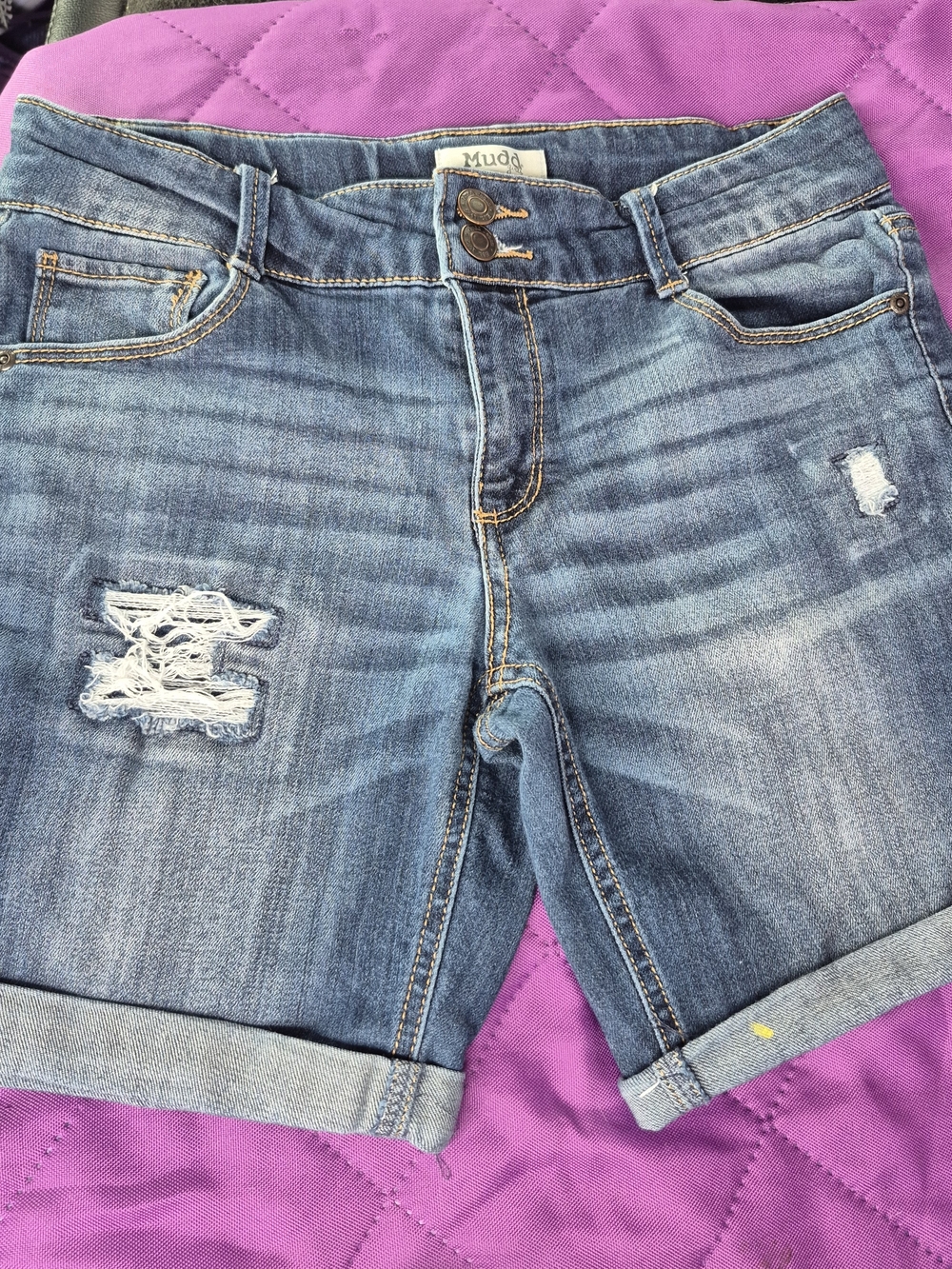 Mudd Distressed Denim Roll-Cuff Shorts - Blue